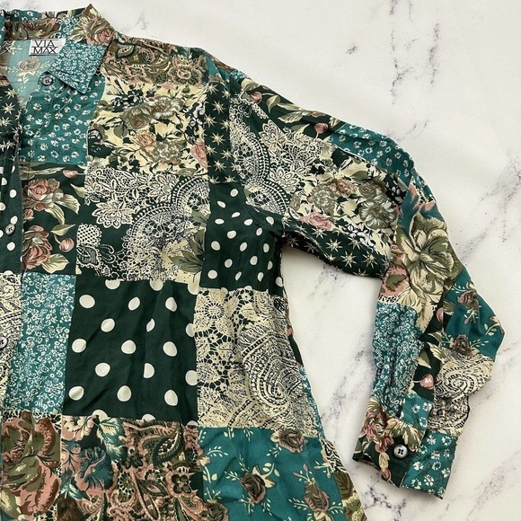 Via Max Womens Vintage 90s Silk Oversize Shirt Size S Green Tan Mixed Floral - Picture 3 of 12